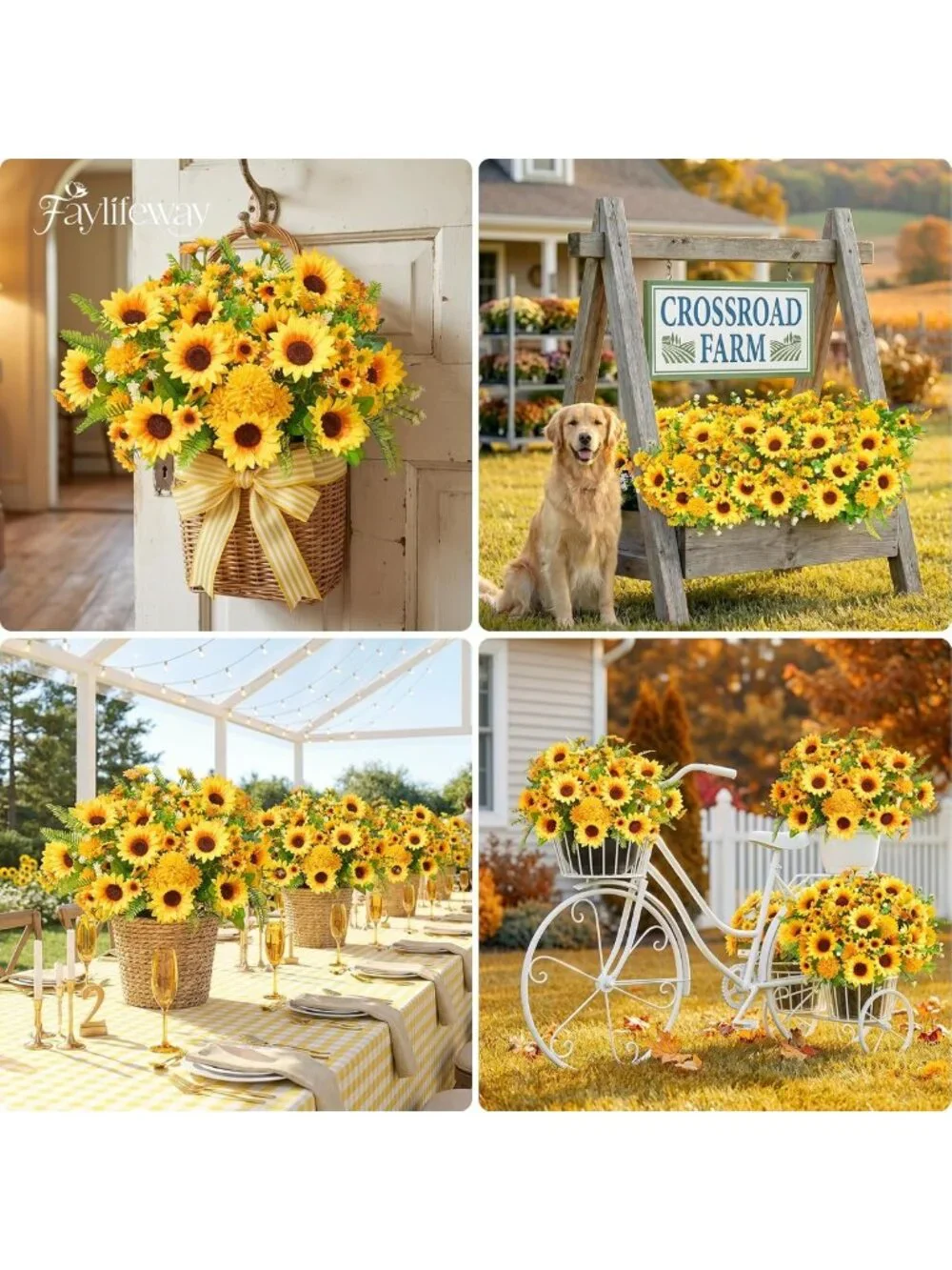8 Bundles of Faux Sunflowers & Mums - Perfect for Fall Outdoor Decor & Planters